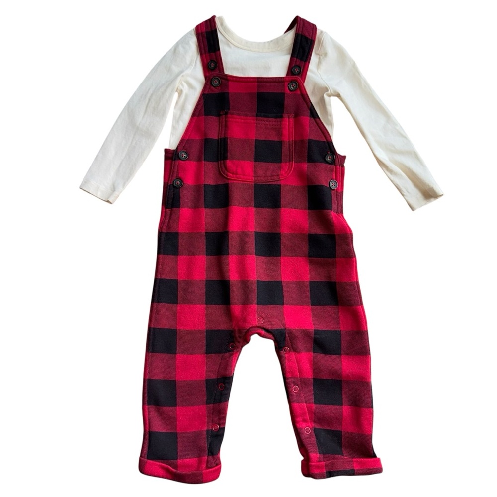 Joe Fresh Buffalo Check Overalls & Long Sleeve Shirt Set Girls Size 18-24 Months